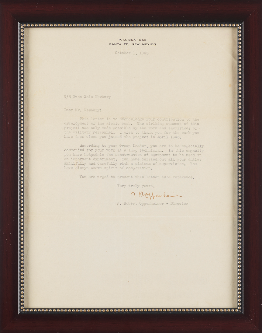 Framed Oppenheimer-era letter